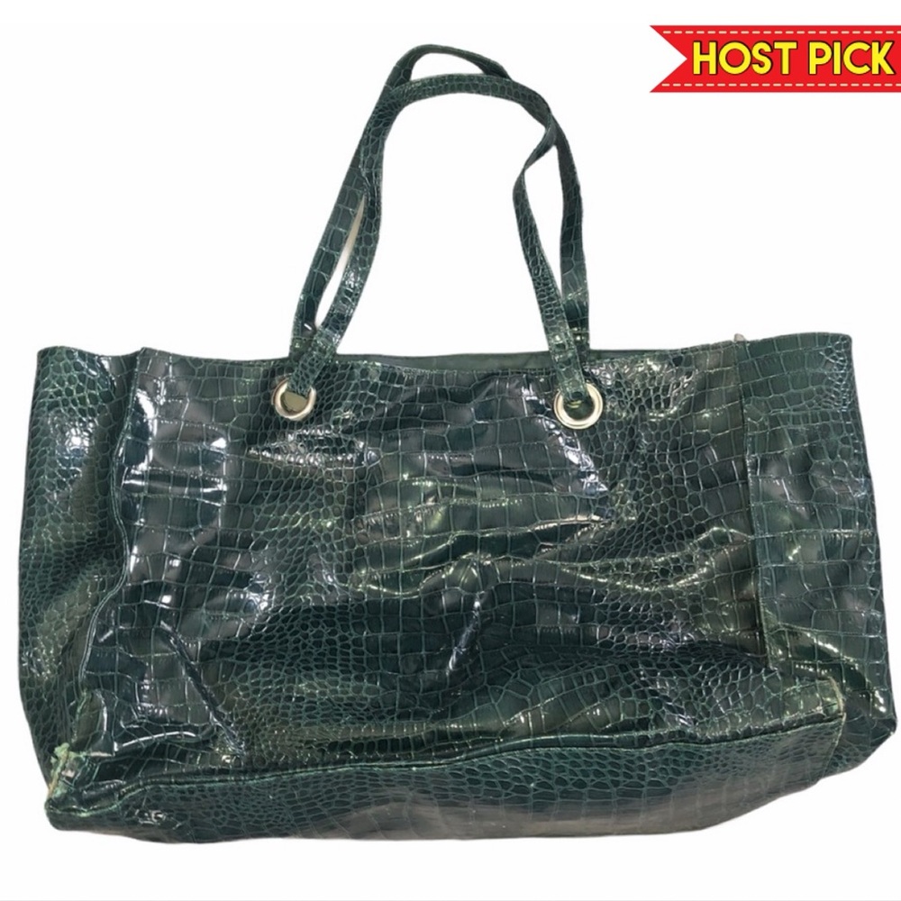 EMBOSSED GREEN FAUX SNAKESKIN TOTE BAG